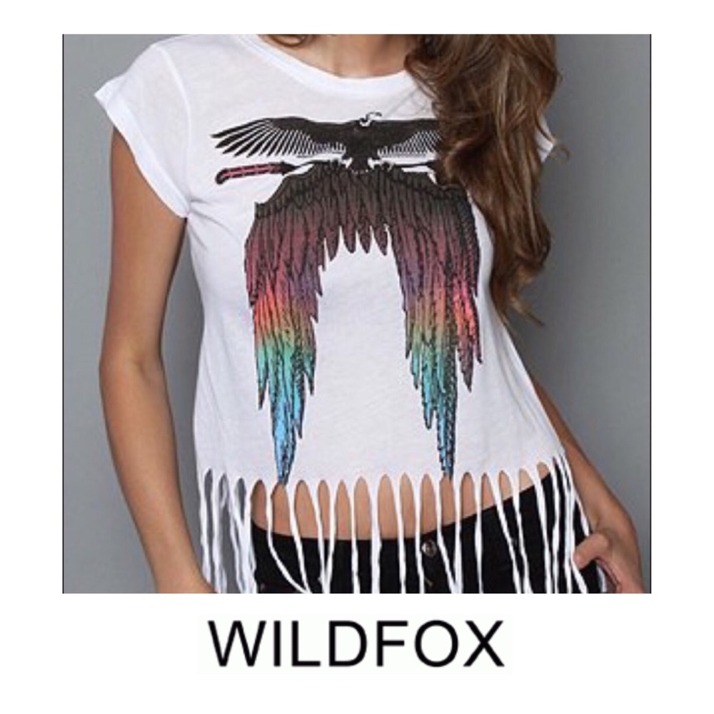 WILDFOX NWT Feather Fringe Hem Crop Tee Shirt White XS
